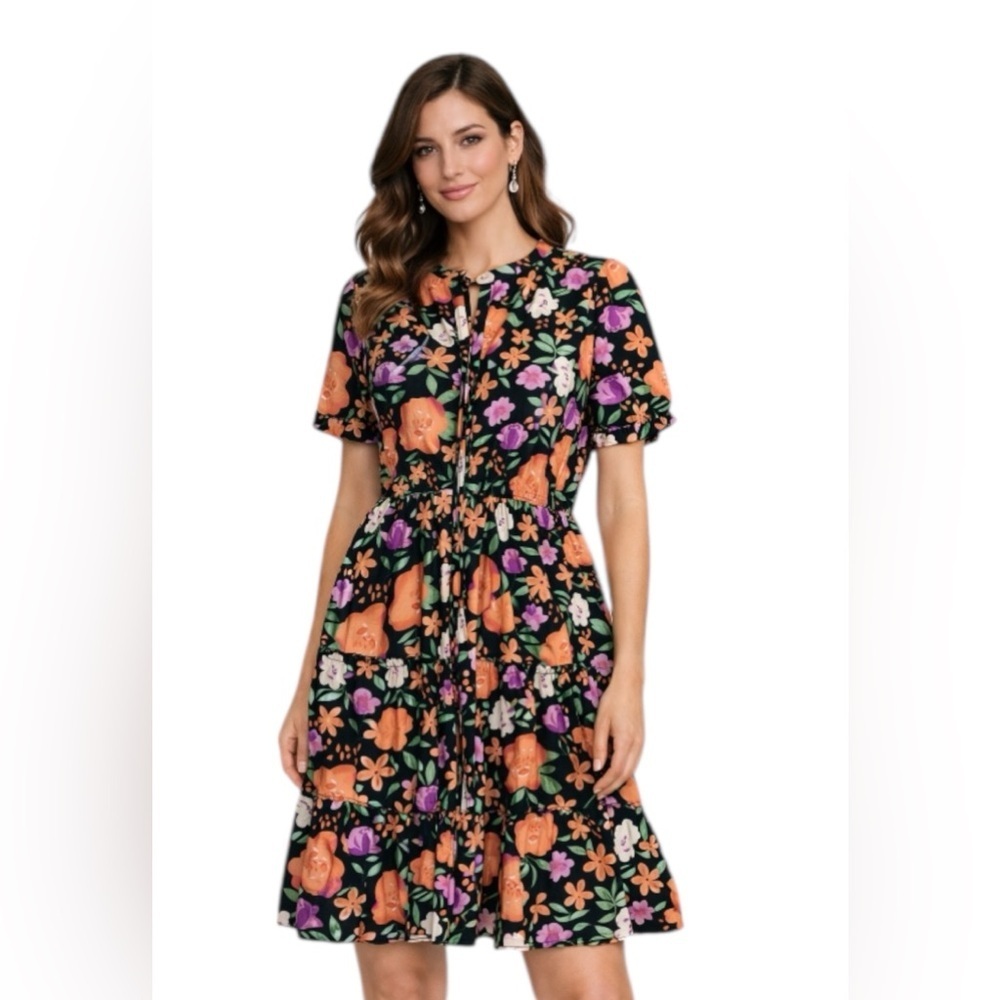 BTFBM Black Floral Dress Size M Short Sleeve Button Front New